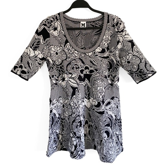 M Missoni Floral Zigzag Intarsia Women's Dress Fit Flare Scoop Neck Black Cream - Picture 3 of 7